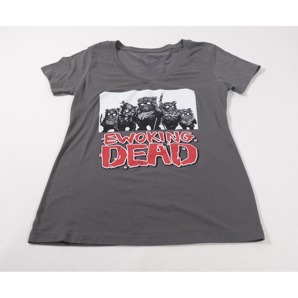 Graphiclabtees T-Shirt Womens S Gray Ewoking Dead Graphic V-Neck Short Sleeve
